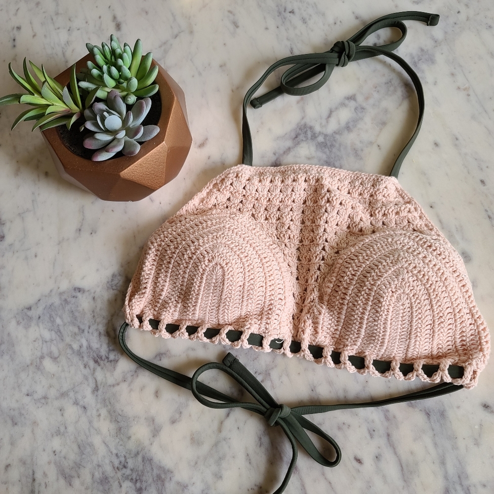 Boho Light Pink Crochet Knit Halter Bikini Swim Top